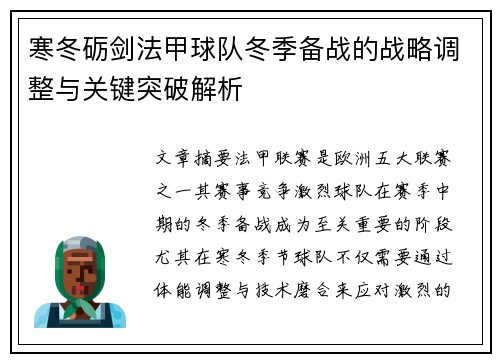 寒冬砺剑法甲球队冬季备战的战略调整与关键突破解析