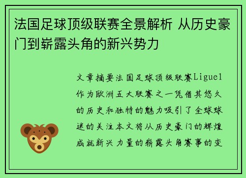 法国足球顶级联赛全景解析 从历史豪门到崭露头角的新兴势力