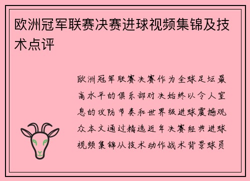 欧洲冠军联赛决赛进球视频集锦及技术点评